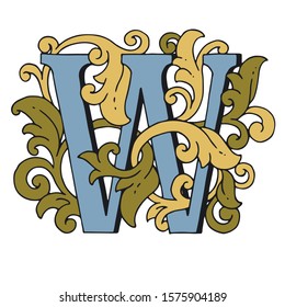 Vector drop cap. English letter W with Russian ornament. For a fabulous design. Capital letter. Making books with fairy tales.