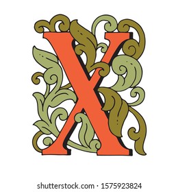 Vector drop cap. English letter X with Russian ornament. For a fabulous design. Capital letter. Making books with fairy tales.