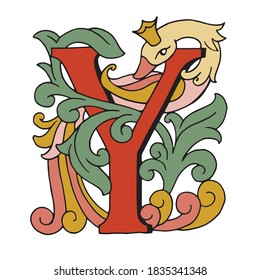 Vector drop cap. English letter Y with Russian ornament. For a fabulous design. Capital letter. Making books with fairy tales. Fairy bird with a crown