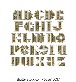 Vector drop caps' set. Alphabet of line and gold style color letters. Latin type of modern initials.