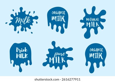 Vector drop in fresh milk splash form with organic swirl and white liquid shape includes label for dairy product with nature badge cream sign and splashing graphic elements in farm style