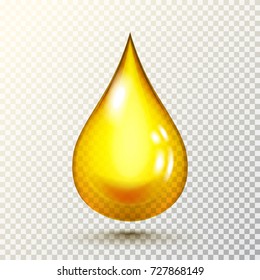 Vector drop of golden oil with shadow isolated on transparent background. Vector illustration for your graphic design.