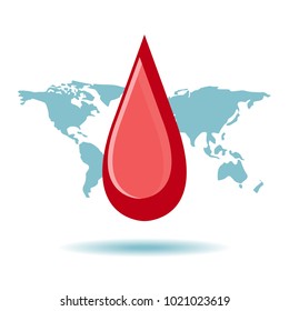 Vector Drop of Red Blood over World Map. Element for the World Blood Donor Day and other medical projects and design. Drop of Blood Icon. Medical Blood Donation Design Elements.