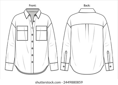 Vector drop shoulder jacket with pockets fashion CAD, woman long sleeve regular fit shirt technical drawing, sketch, template, flat, mock-up. Woven fabric top with front, back view, white color