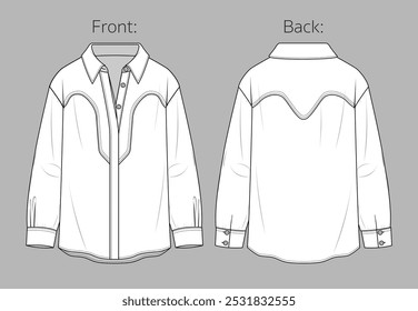 Vector drop shoulder jacket with pockets fashion CAD, woman long sleeve regular fit shirt technical drawing, sketch, template, flat, mock-up. Woven fabric cowboy top with front, back view, white color