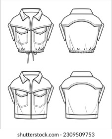 Vector drop shoulder jacket with zipper fashion CAD, woman sleeveless crop shirt technical drawing, sketch, template, flat, mock-up. Woven fabric 2 pcs set top with front, back view, white color