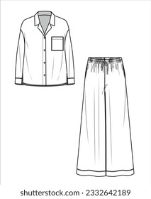 Camiseta vectorial de hombro con pantalones CAD de moda, camiseta de manga larga de mujer y dibujo técnico de pantalones, sketch, plantilla, plano, burla. Pajama de tela trenzada con frontal, retrospectiva, color blanco