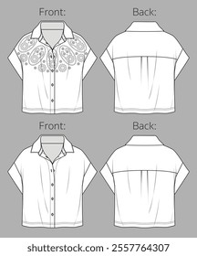 Vector drop shoulder T-Shirt with buttons fashion CAD, woman sleeveless crop shirt technical drawing, sketch, template, flat, mock-up. Woven fabric top with embroidery, front, back view, white color