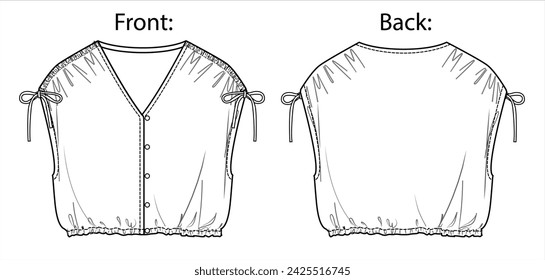 Vector caída hombro Camiseta con volantes de moda CAD, mujer sin mangas recortar dibujo técnico, boceto, plantilla, plano, maqueta. Jersey o top tejido con vista frontal, posterior, color blanco