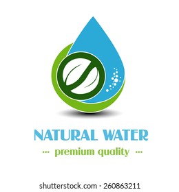 Vector drop symbol with leaf on white background, natural label for mineral water