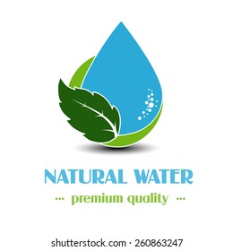 Vector drop symbol with leaf on white background, natural label for mineral water