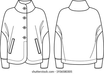 Vektorgefallene Schulterweste, CAD, Frauenjacke mit Taschen und Knöpfen, technische Zeichnung, Vorlage, flach, Skizze