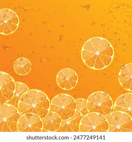 Vector Dropping Fresh Orange Fruits with slice with Yellow Background