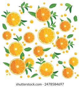 Vector Drops Fresh Orange Fruits with leaf slice with white Background.