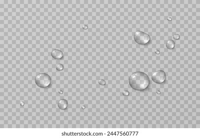 Vector gotas png. Gotas después de la lluvia, gotas de rocío. Condensación en la superficie o el vidrio.