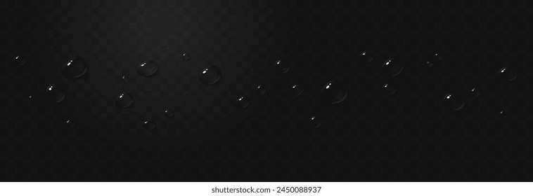 Vector drops png. Drops after rain, drops of dew. Condensation on the surface or glass. Drops on a black background PNG.