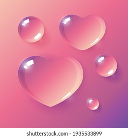 vector drops in the shape of a heart with highlights on a rainbow background, water on a colored background