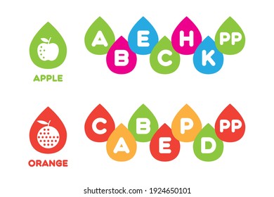 Vector drops with vitamins. Apple and orange flavors. Colored symbols, stickers, icons with the content of vitamins and microelements. For juices, water, mineral water, drinks.