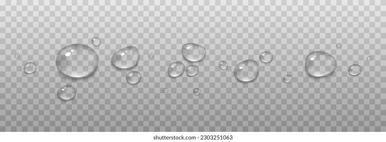 Gotas vectoriales de agua. Drops png. Cae sobre la superficie, sobre el vaso. Cae después de la lluvia. Condensación en la superficie, en el vidrio.