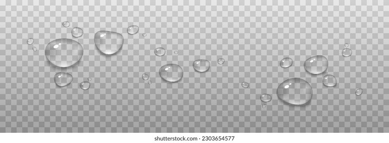 Gotas vectoriales de agua. Drops png. Cae sobre la superficie, sobre el vaso. Cae después de la lluvia. Condensación en la superficie, en el vidrio.