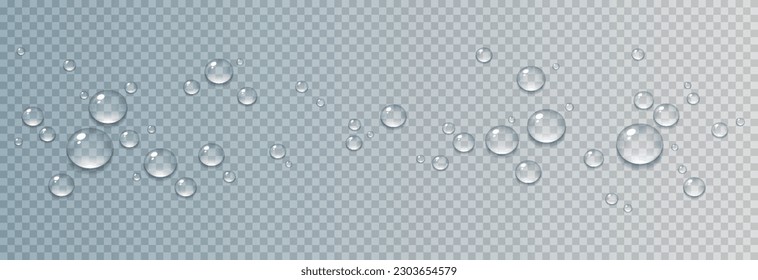 Gotas vectoriales de agua. Drops png. Cae sobre la superficie, sobre el vaso. Cae después de la lluvia. Condensación en la superficie, en el vidrio.