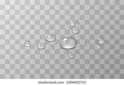 Gotas vectoriales de agua. Drops png. Cae sobre la superficie, sobre el vaso. Cae después de la lluvia. Condensación en la superficie, en el vidrio.