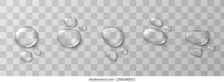 Gotas vectoriales de agua. Drops png. Cae sobre la superficie, sobre el vaso. Cae después de la lluvia. Condensación en la superficie, en el vidrio.