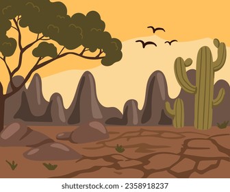 Vector drought landscape, scorched landscape illustration, desert landscape, cactus plants vector