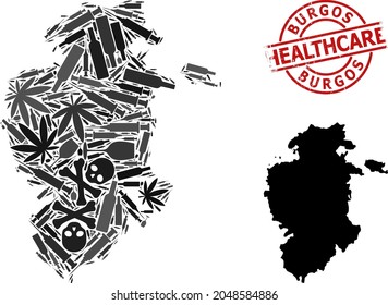 Vector drugs collage map of Burgos Province. Scratched health care round red seal. Concept for narcotic addiction and health care agitprop. Map of Burgos Province is designed of inoculation needles,