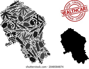 Vector drugs collage map of Cordoba Spanish Province. Scratched health care round red badge. Concept for narcotic addiction and health care propaganda.