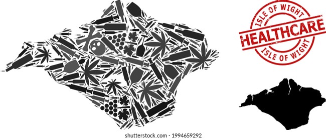 Vector drugs collage map of Isle of Wight. Rubber health care round red rubber imitation. Template for narcotic addiction and drugs proclamations.
