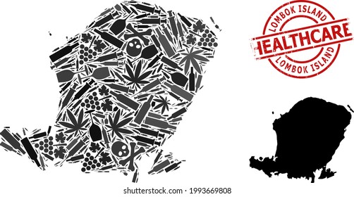 Vector drugs collage map of Lombok Island. Scratched health care round red seal stamp. Template for narcotic addiction and health care purposes.