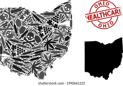 Vector drugs collage map of Ohio State. Grunge health care round red imprint. Template for narcotic addiction and health care promotion. Map of Ohio State is constructed with injection needles, skull,