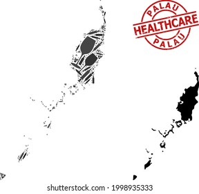 Vector drugs collage map of Palau Islands. Grunge health care round red imprint. Template for narcotic addiction and health care agitprop. Map of Palau Islands is done of injection syringes, toxin,