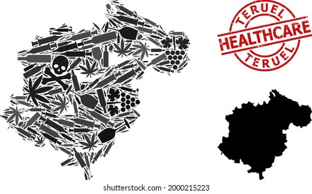 Mapa de recolección de vectores en la provincia de Teruel. Cuidados de caucho con insignia roja. Concepto de adicción a los estupefacientes y proyectos de atención de la salud. Mapa de la provincia de Teruel hecho de jeringas para inyección, muerte,