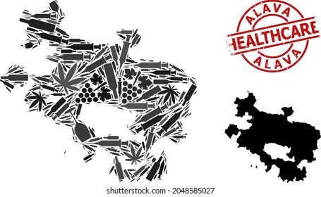 Vector drugs composition map of Alava Province. Rubber health care round red rubber imitation. Concept for narcotic addiction and health care agitprop.
