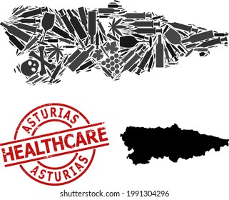Mapa de composición de vectores de drogas de la provincia de Asturias. Grunge el sello rojo de la atención médica. Concepto de adicción a los estupefacientes y fines de atención de la salud.
