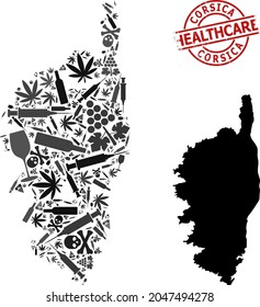 Vector drugs composition map of Corsica. Grunge health care round red seal. Template for narcotic addiction and health care proclamations. Map of Corsica is constructed with inoculation syringes,