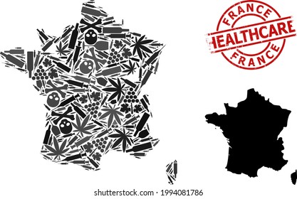 Vector drugs composition map of France. Scratched health care round red seal. Concept for narcotic addiction and health care agitprop. Map of France is organized of injection needles, mortal, dope,