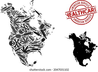 Vector drugs composition map of North America. Rubber health care round red seal stamp. Template for narcotic addiction and health care agitation.