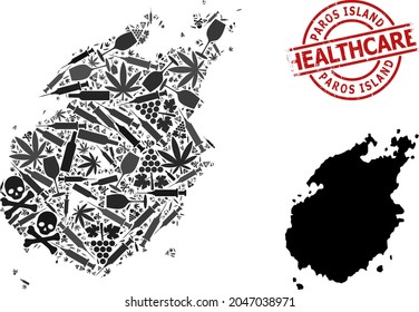 Vector drugs composition map of Paros Island. Scratched health care round red seal stamp. Concept for narcotic addiction and health care proclamations.