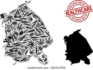 Vector drugs composition map of Pavlodar Region. Grunge health care round red stamp. Concept for narcotic addiction and health care doctrines.