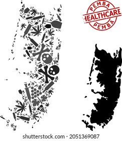 Vector drugs composition map of Pemba island. Rubber healthcare round red rubber imitation. Template for narcotic addiction and drugs applications.
