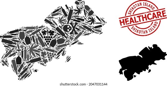 Vector drugs composition map of Shikotan Island. Rubber health care round red seal. Template for narcotic addiction and health care projects. Map of Shikotan Island is designed of inoculation needles,