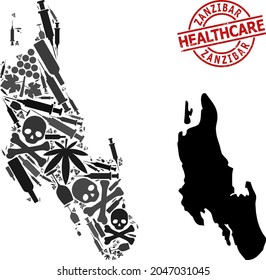Vector drugs composition map of Zanzibar Island. Rubber health care round red rubber imitation. Template for narcotic addiction and health care propaganda.