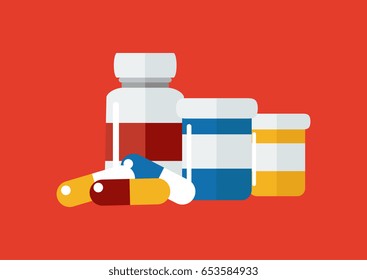 Vector drugs icon, pills, capsules and prescription bottles. Medicine vector illustration, modern flat cartoon style.