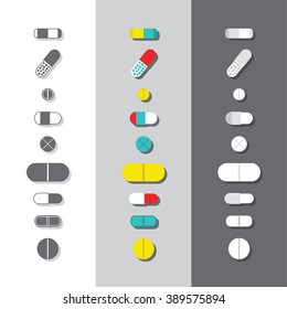 Vector drugs icons: pills, vitamins, capsules. Medicine vector illustration. Medical first aid for colds.  Vector pills icons. Isolated pills icons. Vector vitamins in pills.