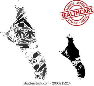 Mapa de mosaicos de drogas vectoriales en Bahamas - Isla Andros. Cuidados de goma de sellado rojo redondo. Plantilla para proyectos de drogadicción y atención de la salud.