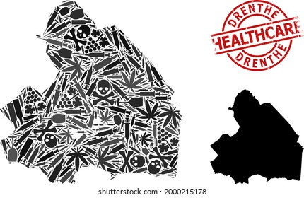 Vector drugs mosaic map of Drenthe Province. Scratched health care round red imprint. Concept for narcotic addiction and health care doctrines.