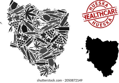 Mapa de mosaicos de drogas vectoriales de la provincia de Hueska. Atención de salud de goma alrededor de la imitación de goma roja. Plantilla para adicción a los estupefacientes y agitación a las drogas.